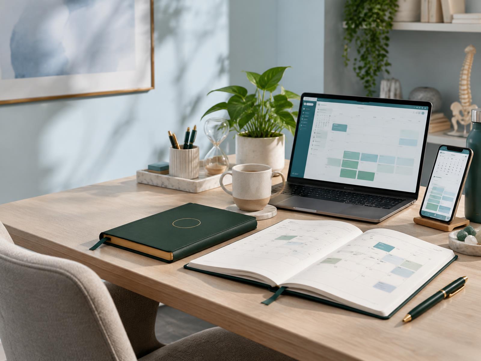 Agenda, notebook e celular com planejamento organizado